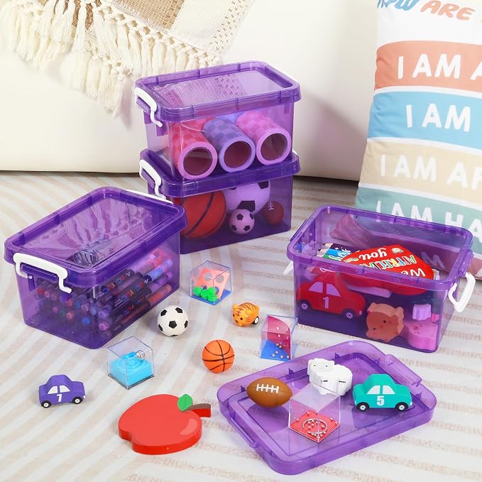 6 Pack 4 Quart Colorful Plastic Storage Bins with Lids Stackable Storage Bins with Latching Lids Handle Clear Colored Storage Organizer Bins for Home Office Pantry Containers(Purple) - Image 4