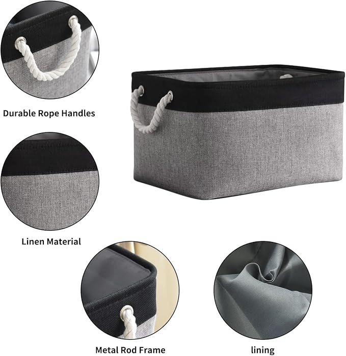 Collapsible Storage Bin for Shelves - 16x12x8 inch Large 3 Pack Storage Basket for Organizing with Rope, Fabric Storage Cubes for Organizer Toy Cloth Gift Closet (Black & Grey) - Image 5