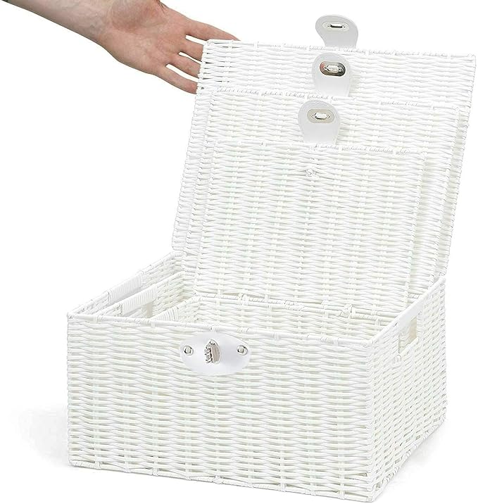 Set of 3 Woven Wicker Storage Basket Box with Lids & Lock, Built-in Carry Handles, Multifunctional Storage Organizer for Nursery, Baby, Clothes, Toys, Books, Large/Medium/Small Size (White) - Image 9