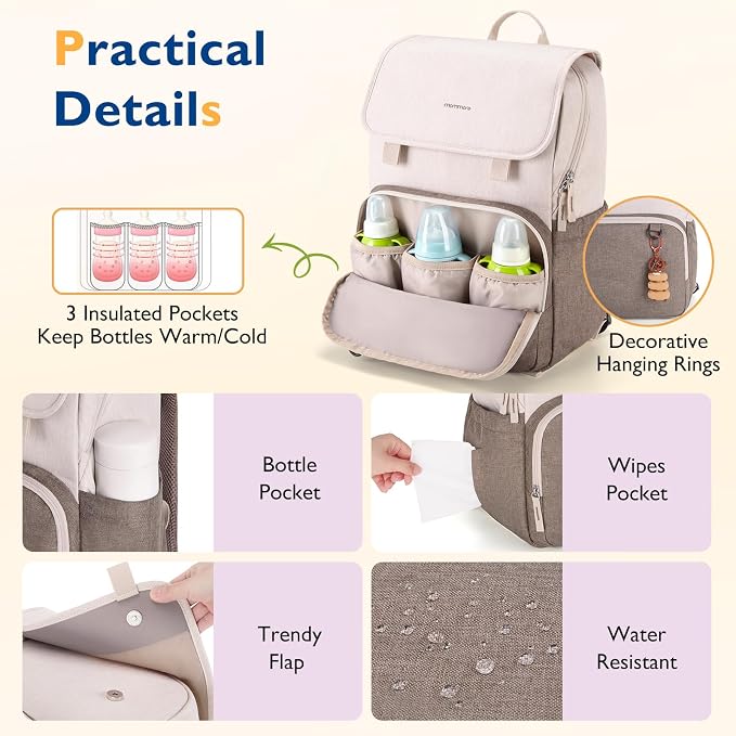 mommore Diaper Bag Backpack Unisex Baby Bag Large Diaper Bag with Changing Pad, Insulated Pockets, Stroller Buckles, Durable Travel Backpack with Luggage Strap - Image 6