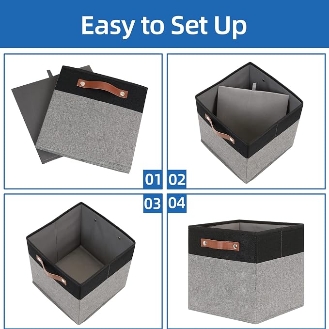Temary 11 x 11 Cube Storage Bins Fabric Storage Cubes for Shelf, Closet, 4 Pack Cube Basket for Clothes, Storage Cube Bins with Leather Handles(Black&Grey) - Image 7
