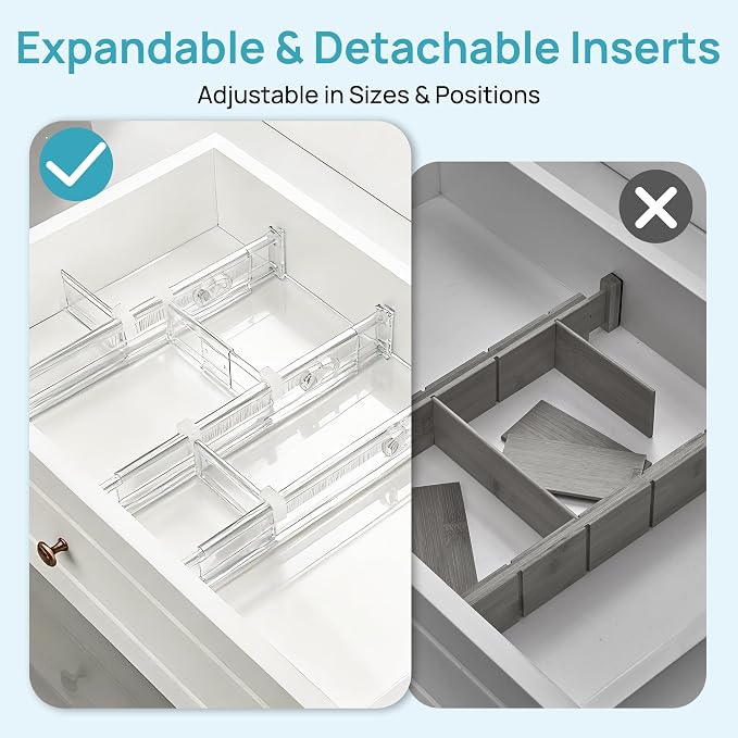 Vtopmart 2.36" Drawer Dividers with Expandable Inserts, 12.8"-22.3", 8 Pack | Adjustable Kitchen Drawer Organizer, Clear Organizer Separator for Flatware, Utensil, Cutlery, 8 Dividers with 14 Inserts - Image 9