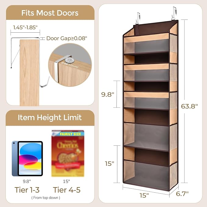 5 Tiers Over Door Organizer with 10 Mesh Side Pockets, 44 lbs Weight Capacity Hanging Storage Organizer with Clear Window Kids Toys, Shoes, Diapers, Brown - Image 8