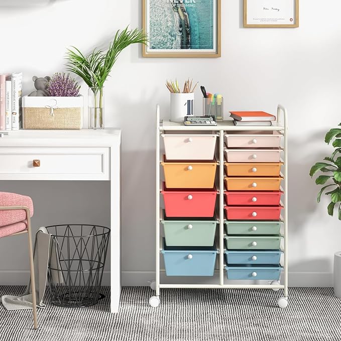 15 Drawer Rolling Storage Cart, Rolling Cart with Drawers for Classroom, Art Supply Craft Organizer on Wheel with Metal Frame & Handles for Home Office School - Image 9