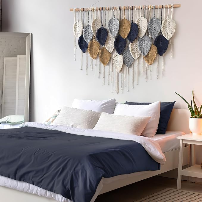 Alynsehom Large Macrame Wall Hanging, Boho Handmade Leaf Feather Bohemian Woven Tapestry, Chic Wall Art Home Decor for Bedroom Living Room Nursery Apartment Decorations(39" W x 29.5" L) - Image 7