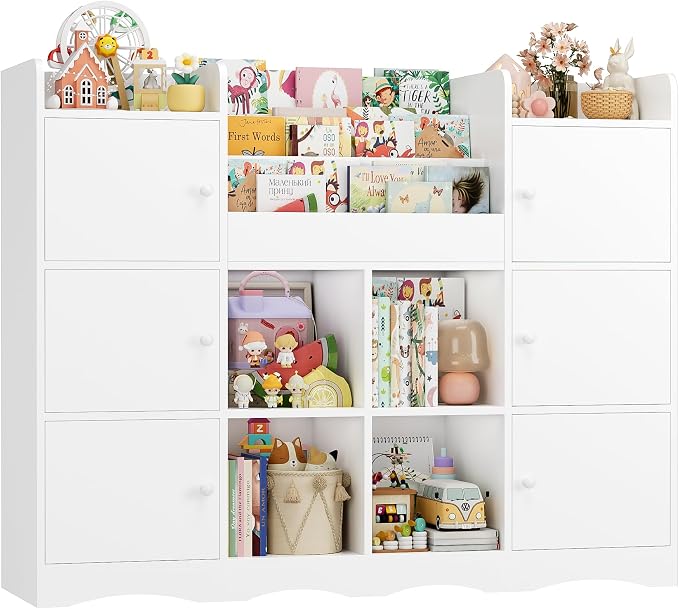 Toy Organizers and Storage with 10 Cubbies and 4 Tier Bookshelf | 55" Large Kids Bookshelf Toy Organizers and Storage with Raised-Edge Top Shelf, Playroom Storage and Toy Chest, White - Image 9