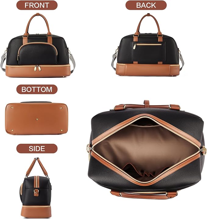 BOSTANTEN Weekender Bags for Women Travel Leather Overnight Bags | Shoe Compartment, Trolley Sleeve, Fits Under-seat, Airline-Friendly Carry-on Size, Designer, Weekend Getaways, Business Trip - Image 6