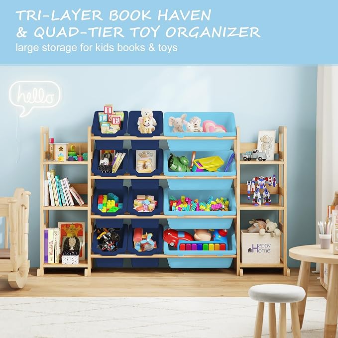 EXPERLAM Extra Large Toy Storage - Toy Storage Organizer, Wooden Toy Organizer with 6 Side Shelves and 12 Bins, 3-in-1 Bookshelf for Kids Rooms, Playroom, Nursery, Blue - Image 8