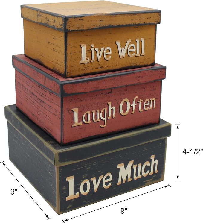 Primitive Vintage Square “Live Well, Laugh Often, Love Much” Cardboard Nesting Boxes, Large 9 X 9 X 4-1/2 Inch. Set of 3. - Image 5