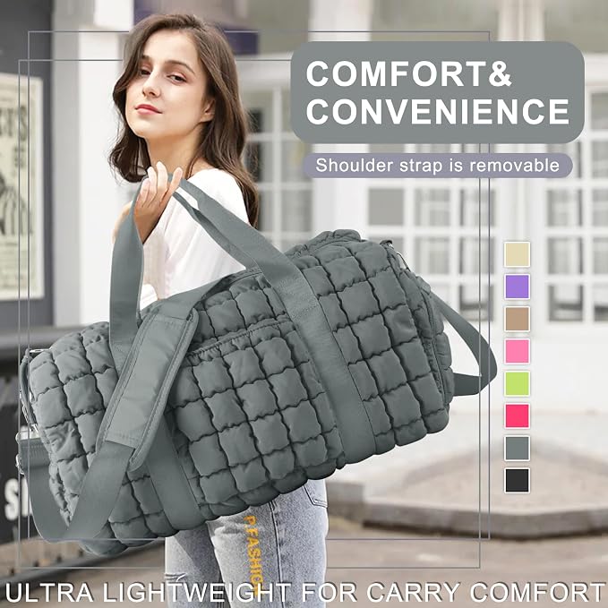 Quilted Travel Duffle Bag Gym Bag for Women,Large Puffer Duffle Weekender Bag with Compartment,Workout Overnight Carry on Organizer Bag Duffle Bag for Airplane Travel(L-Grey) - Image 8