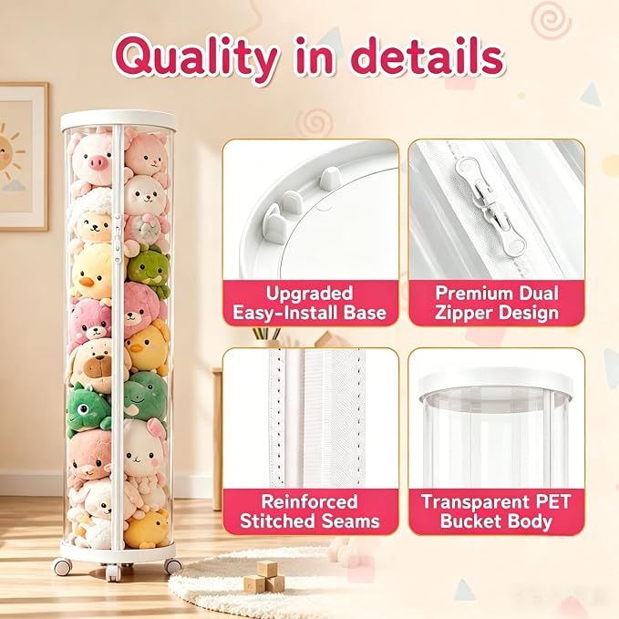 Large Stuffed Animal Storage Tube with Wheels, Tall Toy Organizer with Double Zipper, Clear PET Cylinder Container for Plush Toy Organization, Space Saving Kids Room Storage(White) - Image 6