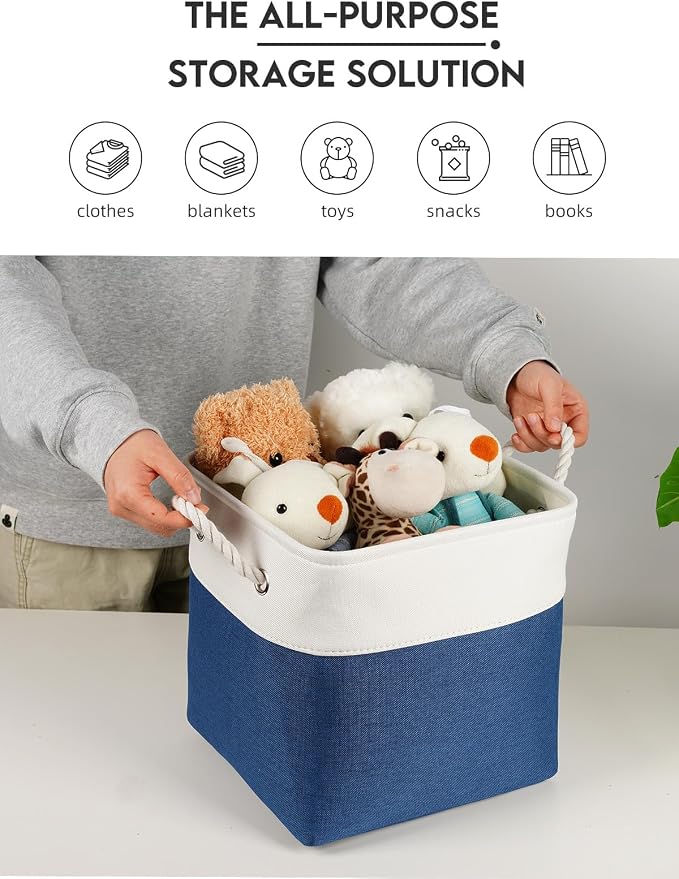 Temary Cube Storage Baskets 11x11, Set of 6 Decorative Fabric Bins with Metal Frame Around the Top Rim, Sturdy Collapsible Organizers for Closet, Office (White & Dark Blue) - Image 7