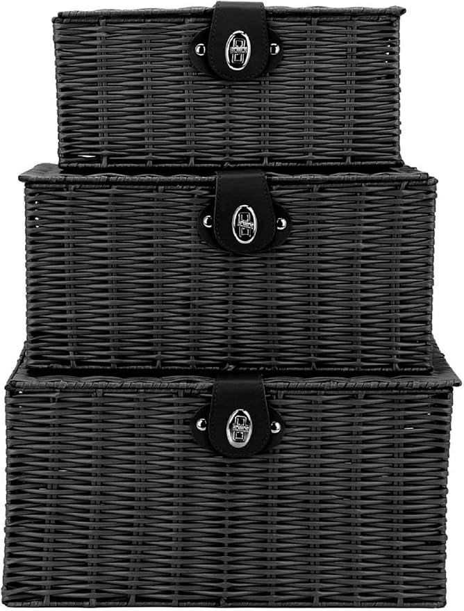 Set of 3 Woven Wicker Storage Basket Box with Lids & Lock, Built-in Carry Handles, Multifunctional Storage Organizer for Nursery, Baby, Clothes, Toys, Books, Large/Medium/Small Size (Black) - Image 9