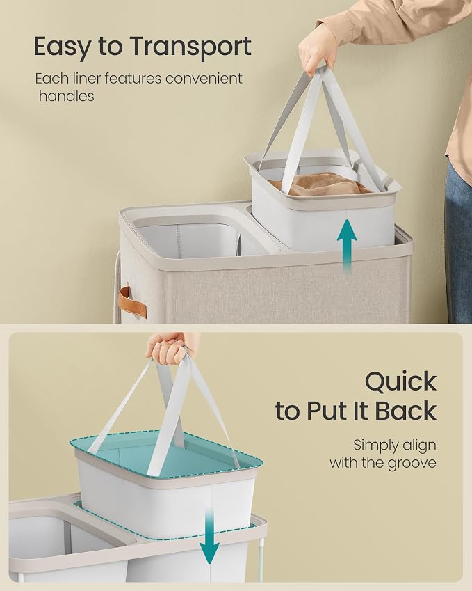 SONGMICS Laundry Basket, 44.9 Gal. Laundry Hamper, 2 Compartments, Easy Assembly, with Lid and Handles, Removable Liners, 22 x 15.7 x 29.5 Inches, Cappuccino Beige ULCB813L01 - Image 6