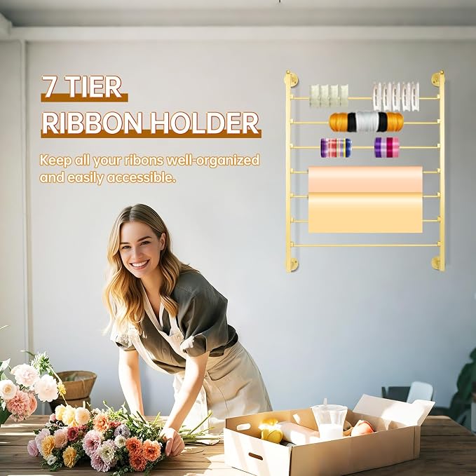7-Tier Wall Mount Ribbon Holder Organizer Rack | Large Capacity Metal Ribbon Storage for Craft Room, Wrapping Paper, Scarf, Belt & Flower Shop Display - Image 7