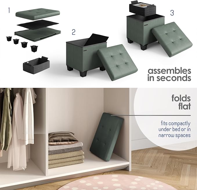 Storage Ottoman Cube with Small Bin, 15-in Square Ottoman with Storage for Living Room and Bedroom, Small Ottomans Foot Rest, Leather Foot Stools Ottomans Max 330lbs, Green - Image 9