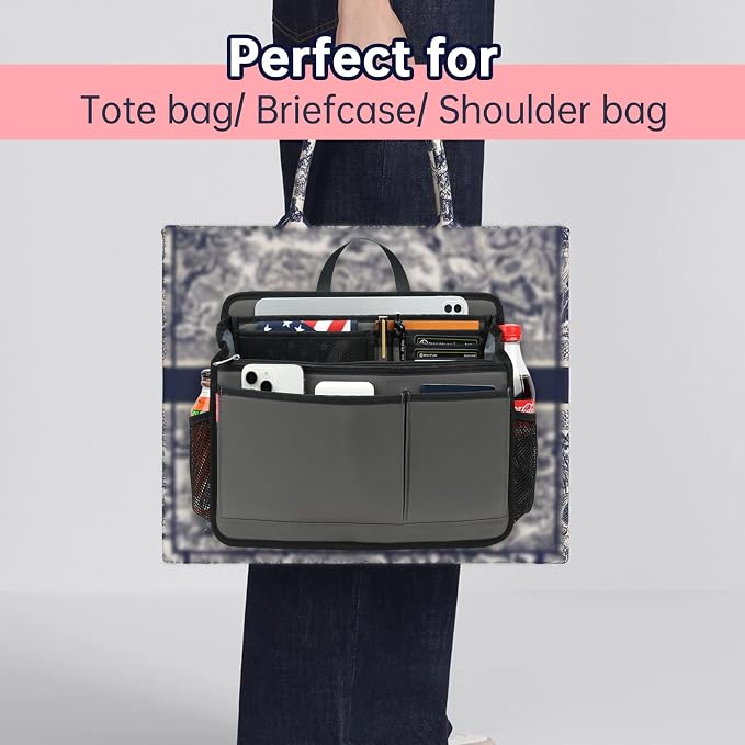 Large Rugged Organizer Insert for Briefcase Tote Shoulder Messenger Bag-20 Pockets,Padded Water-repellent Nylon-Blue - Image 9