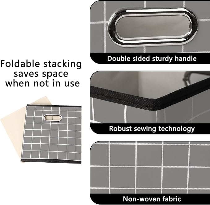 Yunkeeeper storage bins Cubes, Fabric Cube Organizer with Handle, Foldable Cube Bins for Cloth or Accessary Storage, 11x11x11, Set of 3,(Grey grid) - Image 7