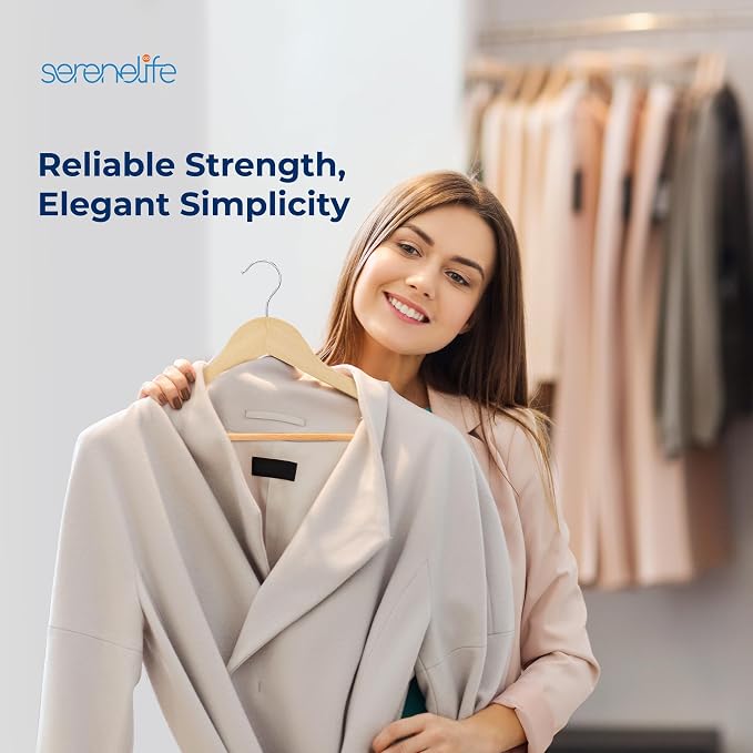 SereneLife 80-Piece Solid Wooden Hangers Set for Clothes – Heavy Duty Suit Coat Pant Dress Hangers with Chrome 360-Degree Swivel Hook and Notches Design for Organized Closets Natural Color - Image 7