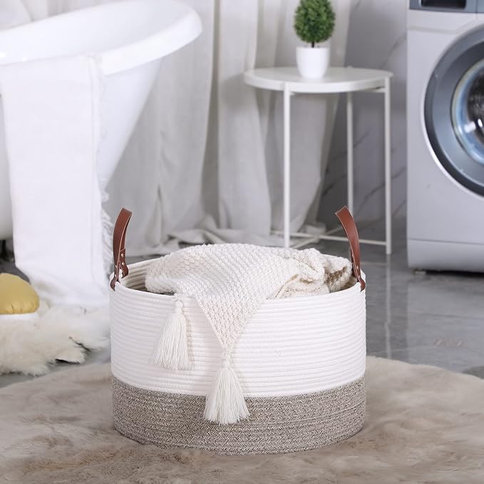 KAKAMAY Large Blanket Basket (20"x13"),Woven Baskets for storage Baby Laundry Hamper,Cotton Rope Blanket Basket for Living Room, Laundry, Nursery, Pillows, Baby Toy chest (White/Beige) | Extra Large Capacity | Natural Cotton Rope | Blanket Storage | Wo... - Image 8