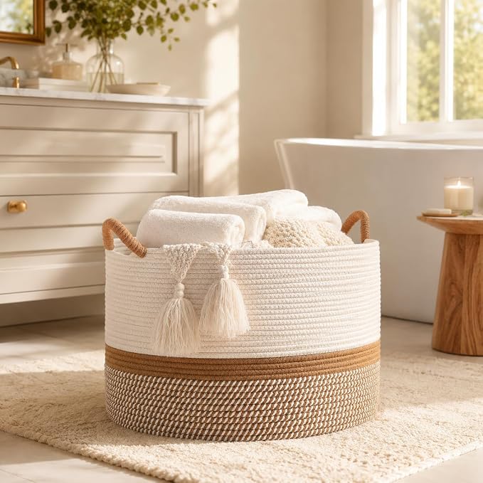 KAKAMAY Large Blanket Basket with Handles, Storage Basket for Living Room | Extra Large Capacity | Blanket Storage | Laundry Basket | Natural Cotton Rope | Stuffed Animal Storage | Woven Storage Basket - Image 8