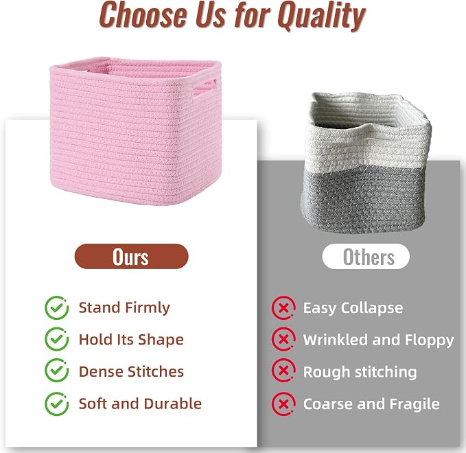 3 Pack Cube Storage Bin, 9”x9”x7” Cotton Rope Woven Baskets for Organizing Toys Clothes Towels, Square Gift Storage Baskets for Shelves, Nursery, Closet, Bathroom, Pantry (Pink) - Image 9