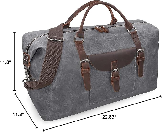 Oversized Travel Duffel Bag Waterproof Canvas Genuine Leather Weekend bag Weekender Overnight Carryon Hand Bag Grey - Image 8