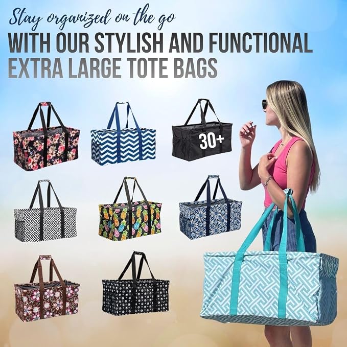 Extra Large Utility Tote Bag - Oversized Collapsible Reusable Wire Frame Rectangular Canvas Basket With Two Exterior Pockets For Beach, Pool, Laundry, Car Trunk, Storage - Sunflower - Image 9
