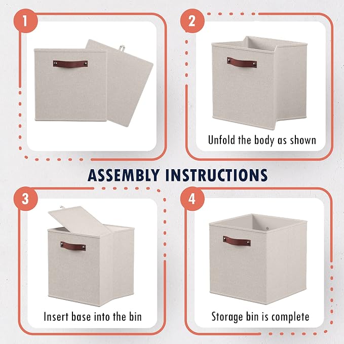Ornavo Home 11x11 Foldable Fabric Storage Cube Bins, 6 Pack, Beige | Collapsible Linen Shelf Basket Organizer; Leather Handles; Ideal Cube Storage For Closet - Image 7