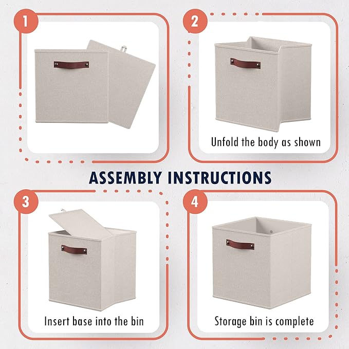Ornavo Home 13x15x13 Foldable Fabric Storage Cube Bins, 6 Pack, Beige | Collapsible Linen Shelf Basket Organizer; Leather Handles; Fits Cube Storage Shelving Units - Image 7