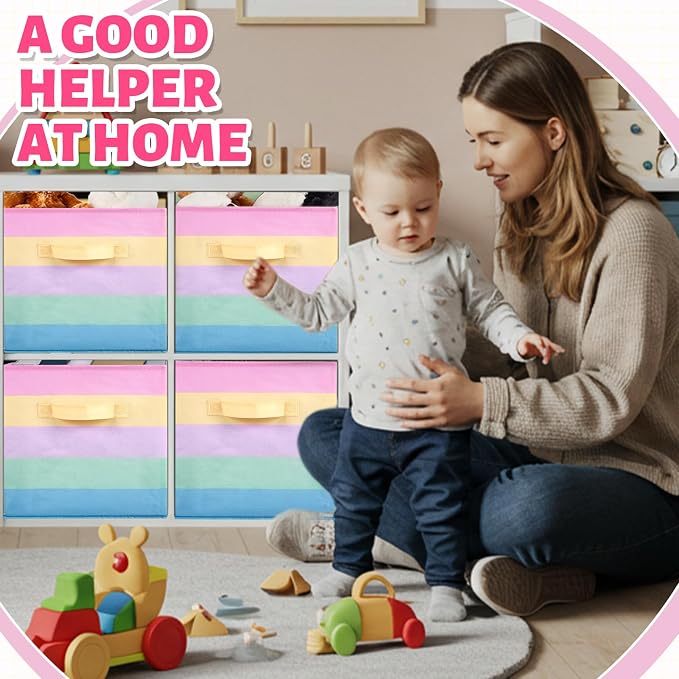 Yinder 12 Pcs Cube Storage Bin Rainbow Colorful 10.5''x10.5''x11'' Storage Bins for Playroom Decor Colorful Bins for Kids Foldable Baskets for Nursery Organizer Boxes Fabric Boxes - Image 7