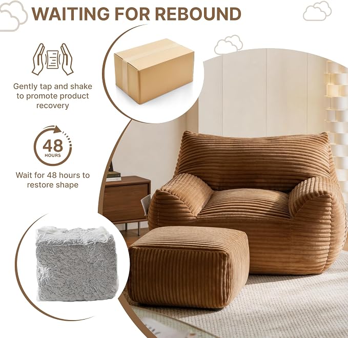 Oversized Bean Bag Chair with Ottoman, Bean Bag Couch with 2 Side Pockets, Corduroy Boneless Couch Chair in a Box, Comfy Lounge Chair for Living Room, Bedroom, Dorm, Brown - Image 8