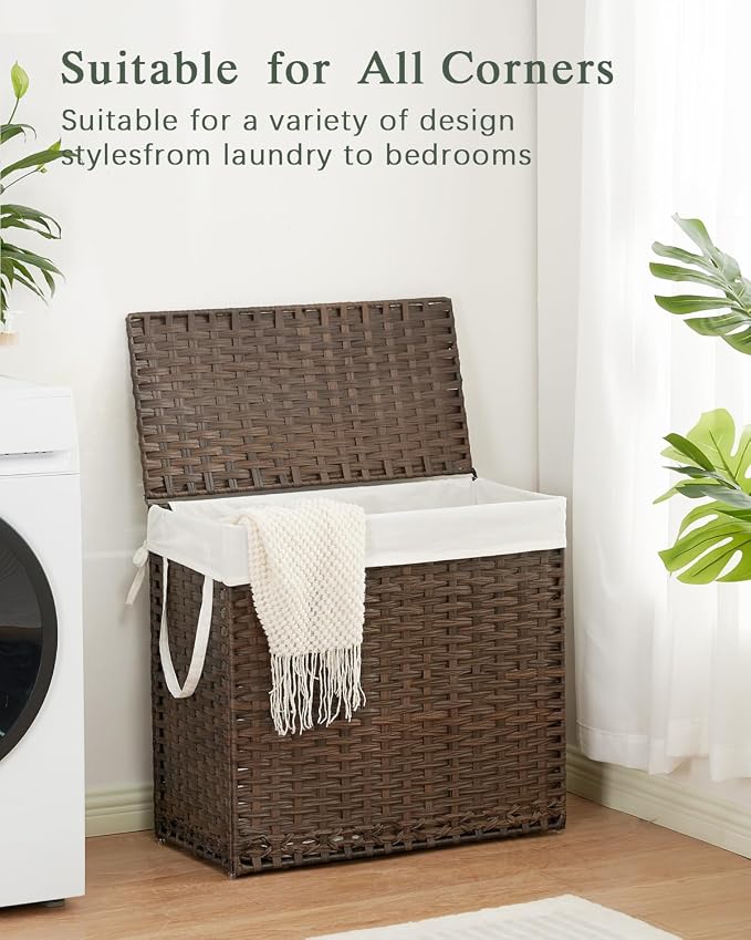 SETVSON Laundry Hamper with Lid Laundry Basket 132 L PE Rattan, Brown | Decorative PE Rattan Furniture Look for Bedroom, Large Sorting Hamper with Lid, 4 Liners, 6 Mesh Bags, Steel Frame - Image 8