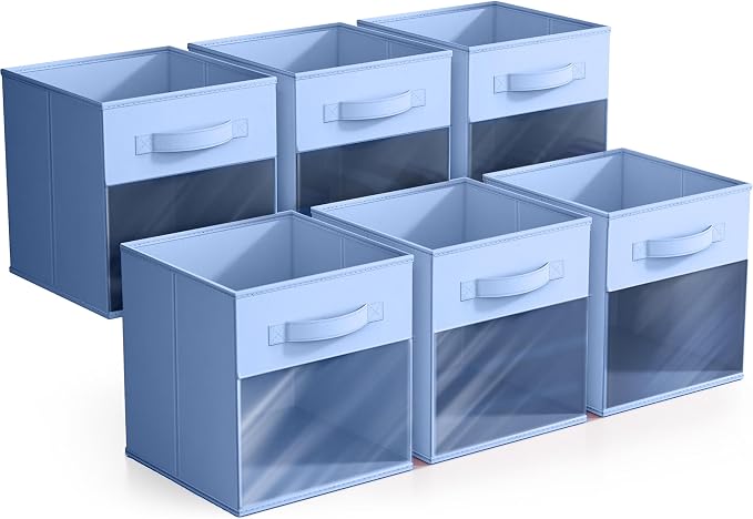 Sorbus 11 Inch Storage Bins with Clear Window - 6 Foldable Baskets for Organizing Clothes, Toys, Books - Sturdy Collapsible Fabric Storage Cubes with Handle - Storage Baskets for Shelves, Closets - Image 7