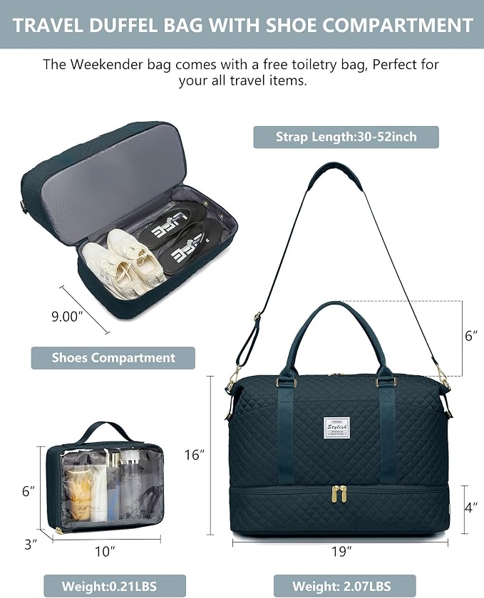 Travel Weekender Bags For Women - Carry On Duffel Bags with Shoe Compartment Overnight teal Weekender Tote Bags with Wet Pocket Gym Duffle Bag for Travel Sports Weekend Hospital Peacock Blue - Image 7