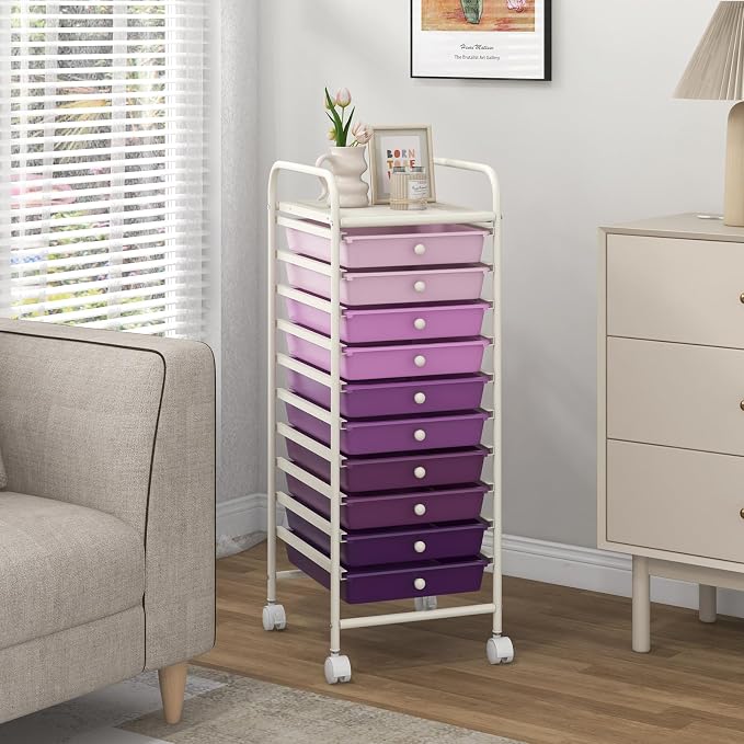 GOFLAME 10-Drawer Rolling Storage Drawer Cart, Utility Cart with Removable Drawers & Metal Frame, Mobile Art Craft Drawer Cart with Lockable Wheels for Home, Office, Studio, School, Purple Gradient - Image 9