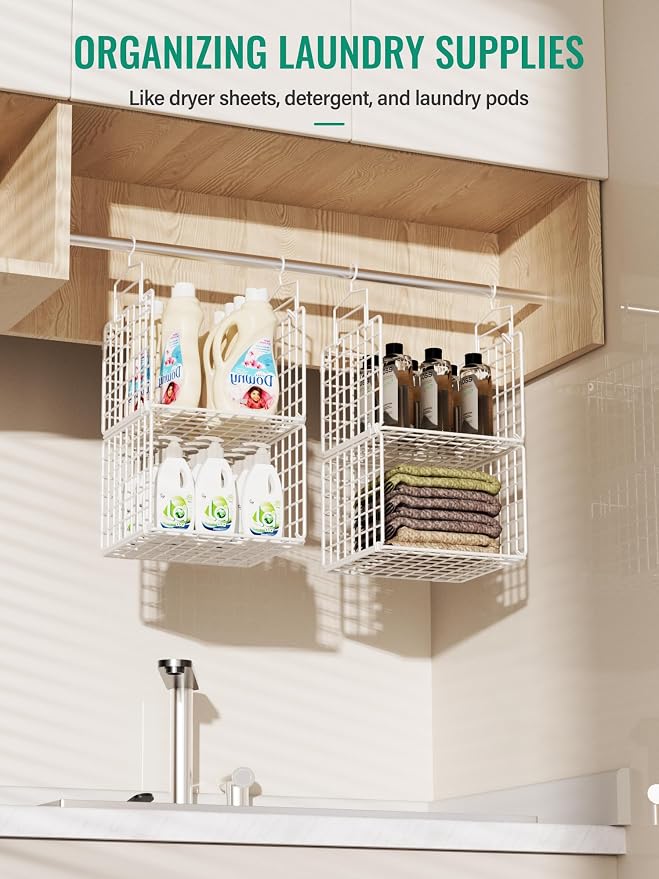 Hanging Closet Organizer, 4 Tier Metal Closet Organizers and Storage with 4 Hanging Hooks 4 S-Hooks for Wardrobe Laundry Room, Wire Storage Shelf for Clothes Sweaters Pants (White) - Image 6