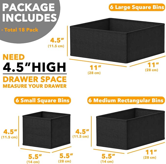 SpaceAid Drawer Organizer for Clothes, 18 Pack Dresser Drawer Organizer Bins, Closet Organizers and Storage Dividers for Clothing, Underwears, Socks (Black) - Image 6