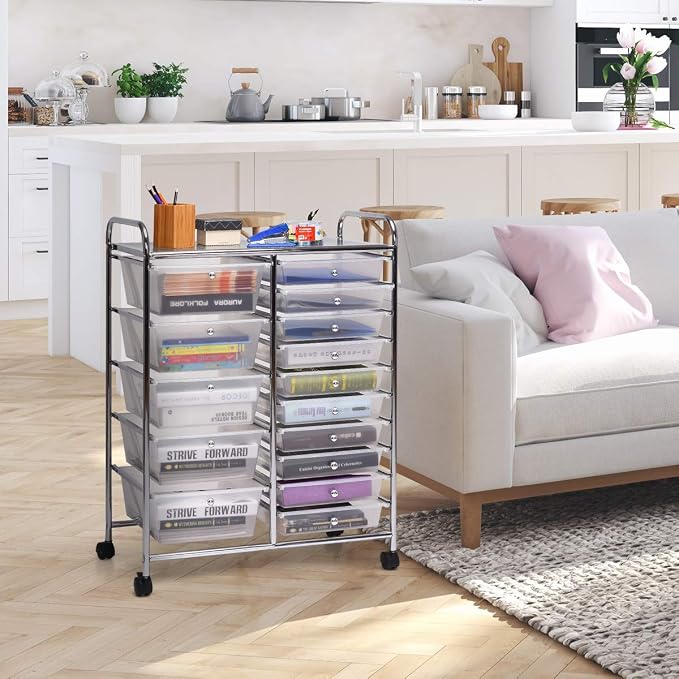15 Drawer Rolling Storage Cart, Rolling Cart with Drawers for Classroom, Art Supply Craft Organizer on Wheel with Metal Frame & Handles for Home Office School - Image 9