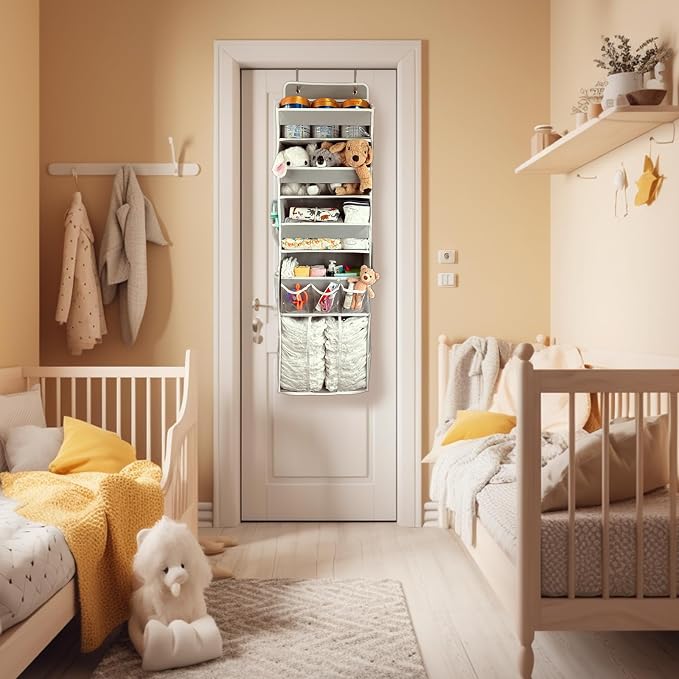 Door Hanging Storage Organizer,with 3 Bins 1 Movable Baby Diaper Caddy,1 Large capacity diaper stacking storage Organizer,10 Side Pockets ,Bedroom Door Storage for Nursery Baby Essentials.Grey 1 Pack. - Image 6