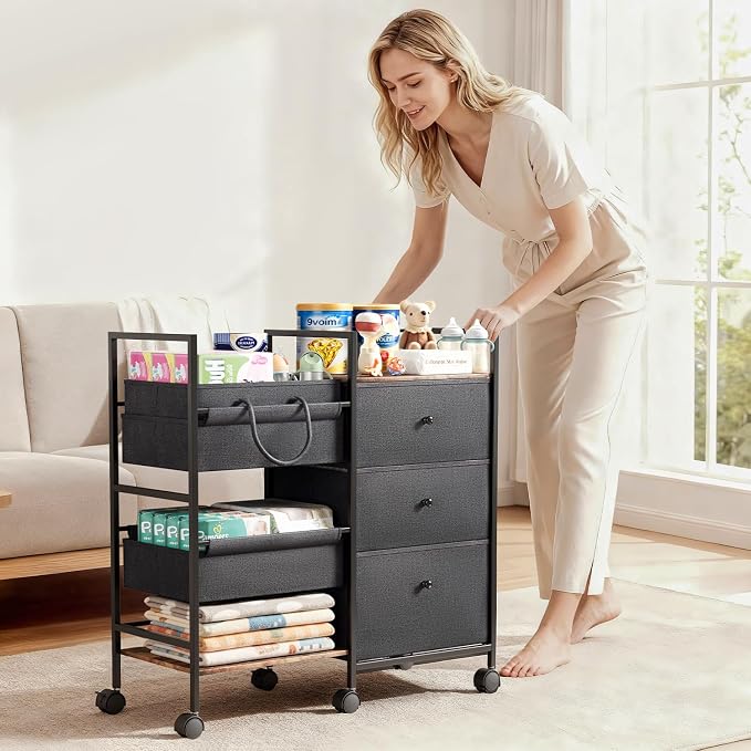 2-in-1 Baby Diaper Caddy Organizer and Storage-3 Tier Rolling Baby Cart with Dividers and Drawers, Baby Essentials for Nursery Storage, Mobile Utility Cart with Wheels Large Capacity Easy To Assemble - Image 8