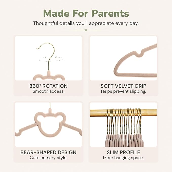 Velvet Baby Hangers with Clips & Size Dividers, 50 Pack | Organize baby clothes from newborn to 2T with 8 size dividers and 20 clips for outfits, pants, and growing wardrobes - Image 8