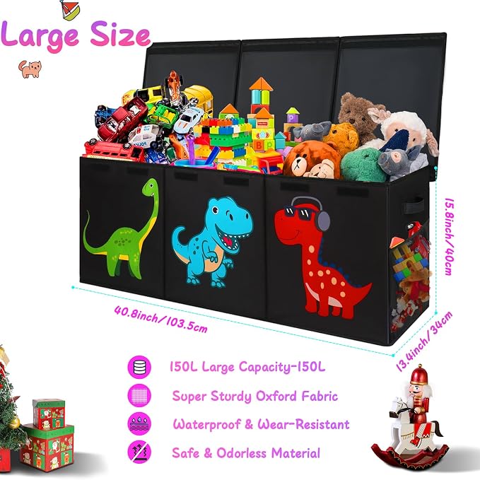 Extra Large Toy Box Chest, Collapsible Storage Bins with Lids, 40"x16"x16" | Sturdy Kids Storage Organizer Toy Bins Basket with Dividers, Bedroom Nursery Playroom Organization, Black - Image 8
