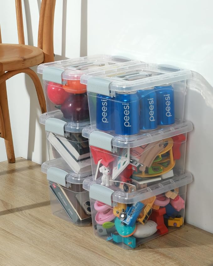 EOENVIVS Plastic Storage Bins 7 Quart-Storage Organizer Bins with Grey Buckle Lids, Stackable Storage Bins with Lids for Home Office Kids Room Closet School Art Supplies Organization,6 Packs, Clear - Image 8