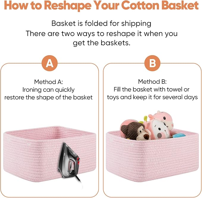 OIAHOMY 4 Pack 14.17 * 11.02 * 6.3IN Storage Baskets for Organizing Shelves, Woven Rope Baskets for Organizing Books, Clothes, Decorative Basket for Living Room, Nursery, Bedroom, Gift Basket, Pink - Image 7