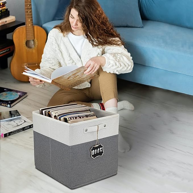 13x15x13 storage cube bins 4 Pack,Collapsible Fabric Storage Cubes with Labels,Linen Cube Storage Organizer Bins with Cotton Handles,Square Storage Cubes for Home,Office,Clothes,Cabinet(White Grey). - Image 6