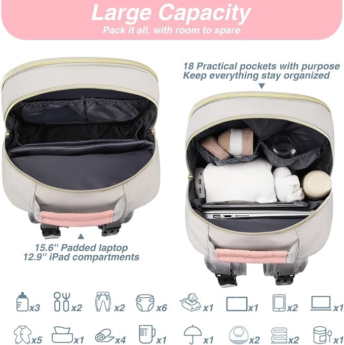 Diaper Bag Backpack, Quilted Baby Bag with Changing Pad and Stroller Straps and Pacifier Case, Multifunction Waterproof Travel Diaper Bags, Unisex, Light Grey and Pink - Image 7