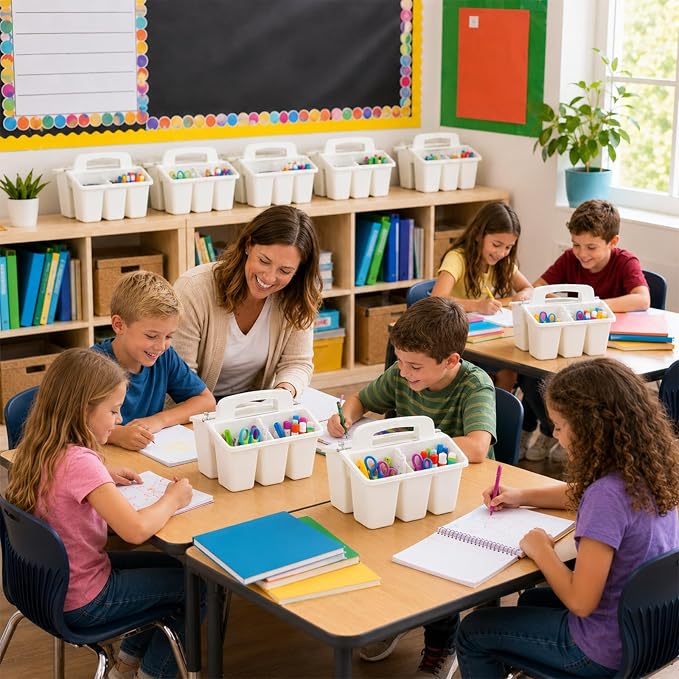 gisgfim 8 Pack White Classroom Caddy Table Organizer with Handle | Sturdy plastic construction, 4 divided slots, space-saving stackable design, smooth grip, portable center handle - Image 7