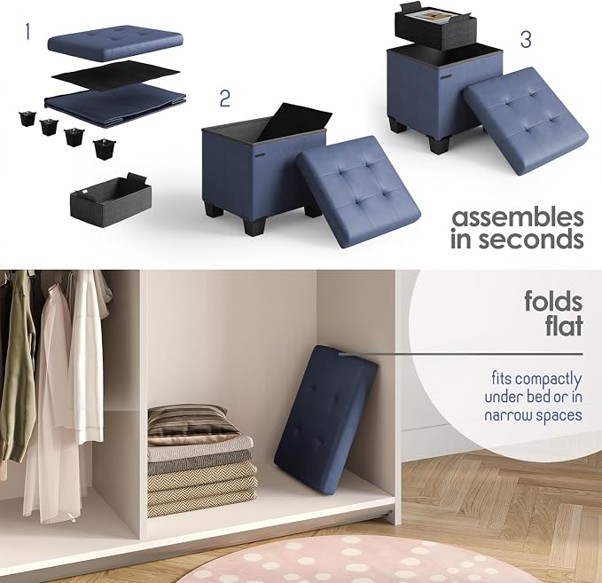 Storage Ottoman Cube with Small Bin, 15-in Square Ottoman with Storage for Living Room and Bedroom, Small Ottomans Foot Rest, Leather Foot Stools Ottomans Max 330lbs, Blue - Image 9