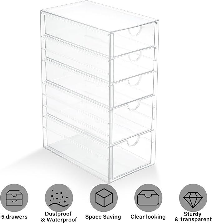 Prsildan Hair Accessories Organizer Acrylic Drawer with 5 Small Drawers | Clear, For Bathroom Vanity Office Desk, Jewelry Makeup Storage - Image 9